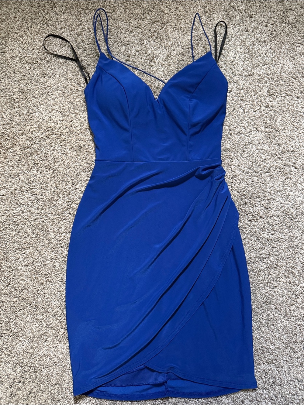 B Darlin Royal Blue Spaghetti Strap Wrap-Front Mini Dress